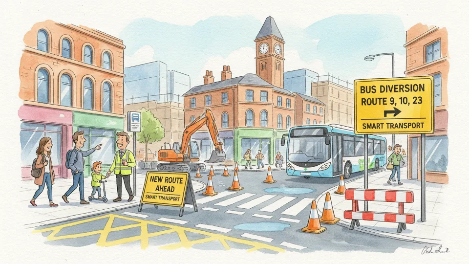 Bus route diversion signs and temporary traffic management setup on Birmingham city street