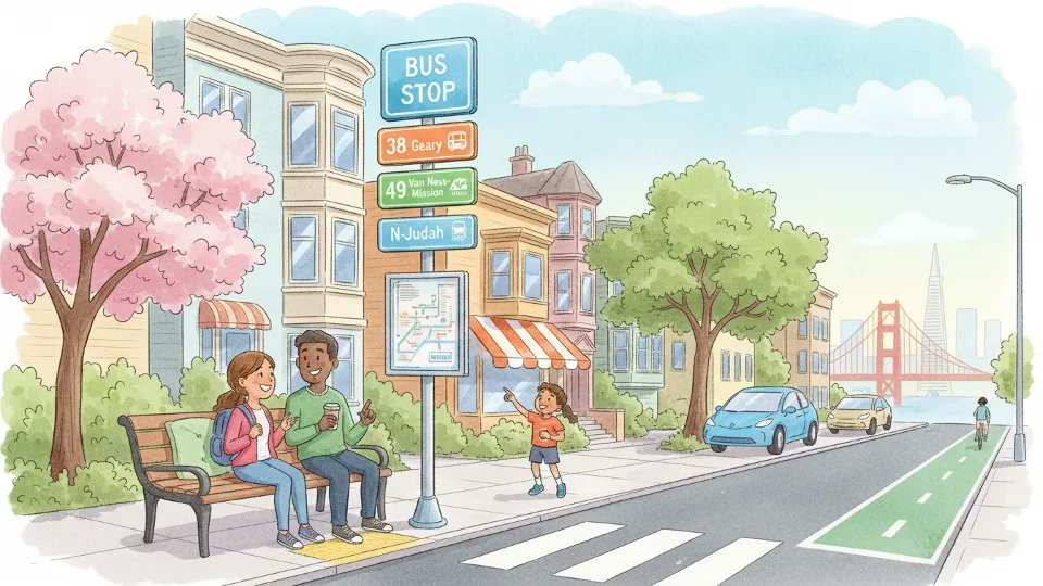 Transit bus stop sign with route information in San Francisco Bay Area neighborhood