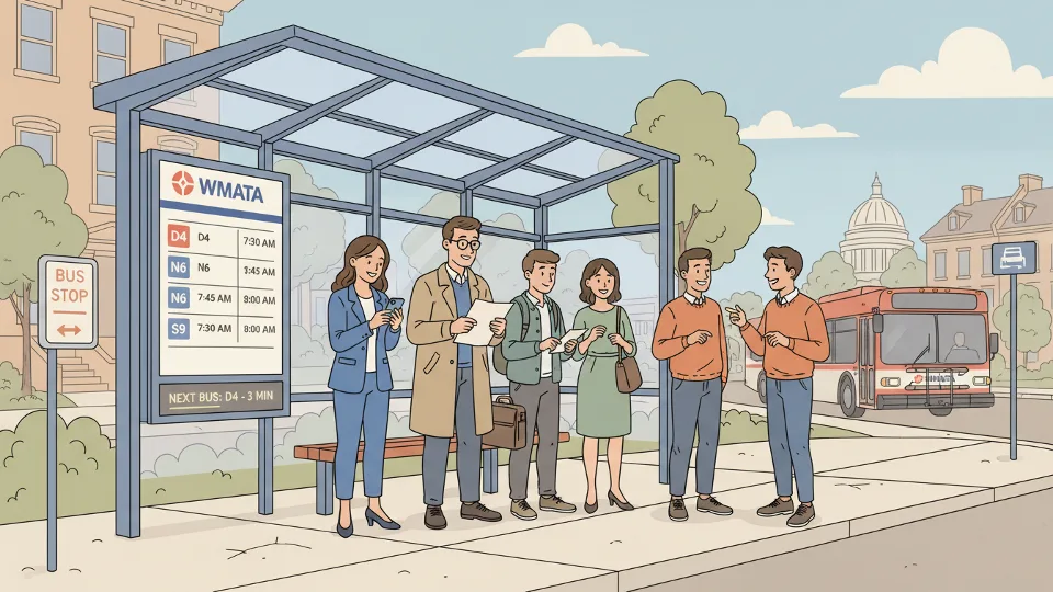 Bus passengers waiting at transit stop checking schedules