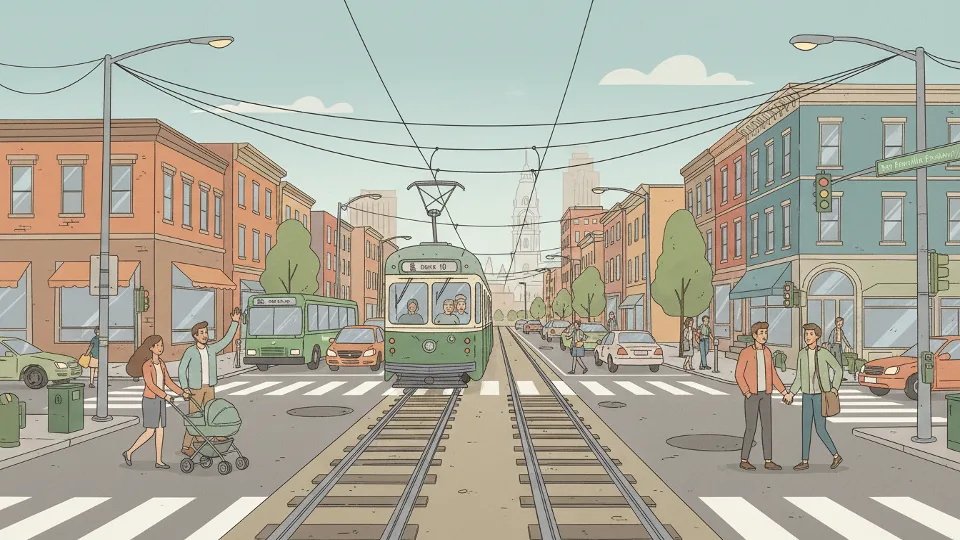 SEPTA trolley tracks at urban intersection with overhead catenary wires and street traffic