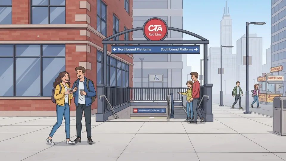 CTA Red Line station entrance with wayfinding signage showing northbound and southbound platform directions