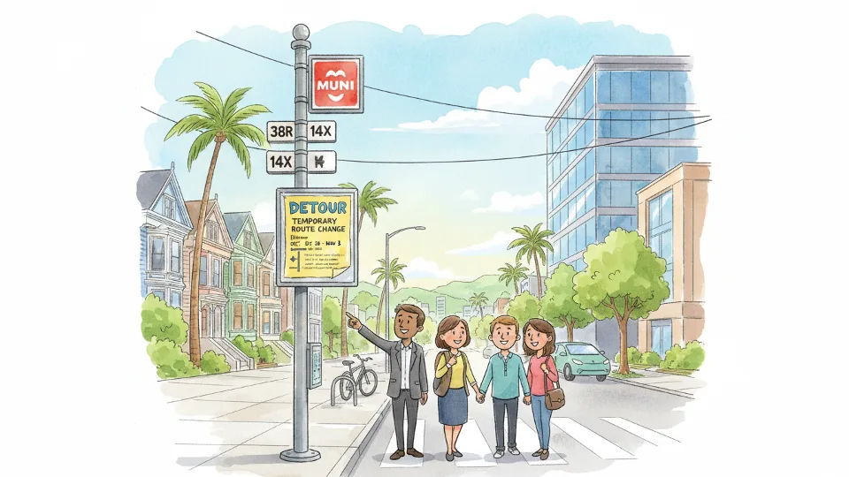 Transit bus stop sign with detour notice posted, close-up showing temporary service alert information with urban street scene in background