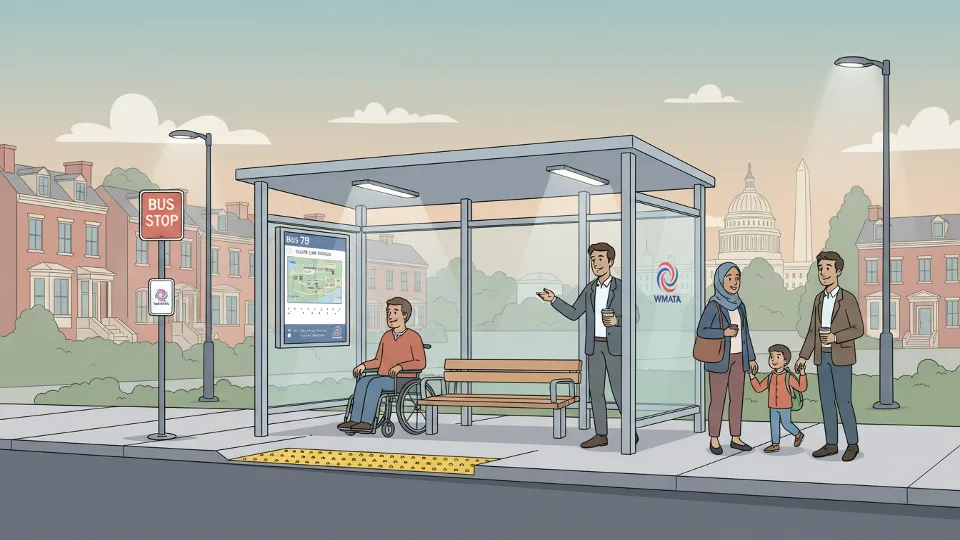 Modern WMATA bus shelter with LED lighting and translucent walls showing accessibility features