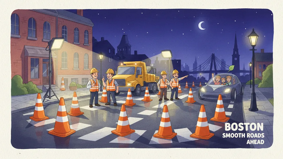 Construction equipment and traffic cones on Boston roadway at night, showing typical overnight maintenance setup