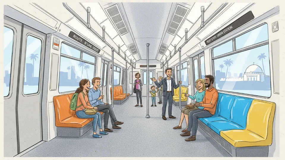 Interior of Metro rail car showing air conditioning vents and passenger seating