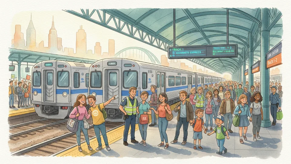 Crowded LIRR platform with passengers boarding train during special event