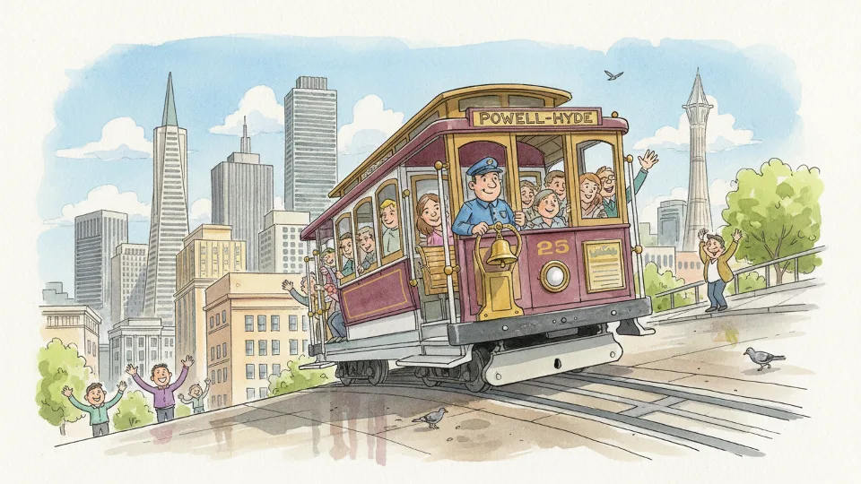 San Francisco cable car traveling on Powell Street with downtown buildings in background, showing the iconic transit vehicle in normal operation