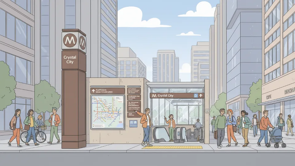 Crystal City Metro station entrance with regional transit map and wayfinding signage visible. Alt text: Crystal City Metro station entrance showing system map and directional signs. Composition: Street-level view emphasizing station access point and transit branding with urban context.