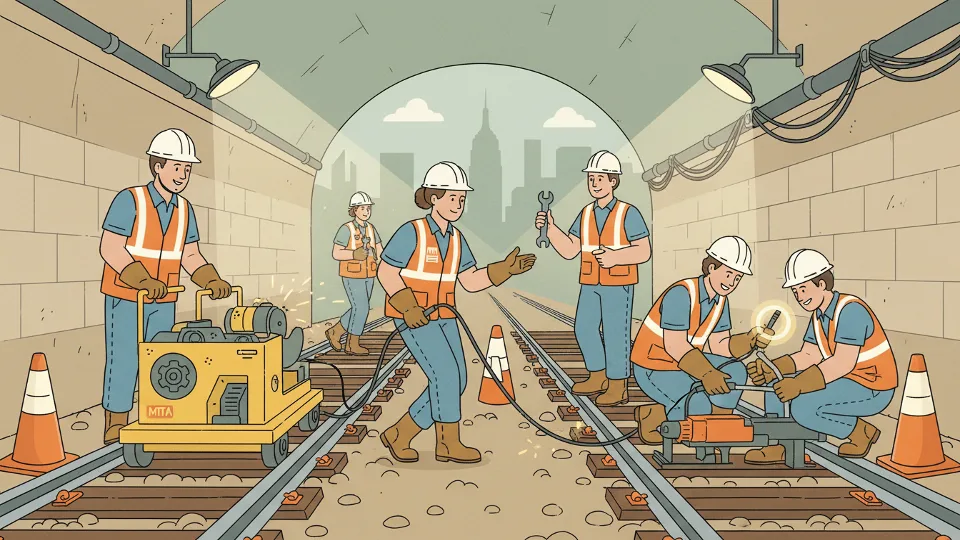 MTA track maintenance equipment and workers performing weekend repairs