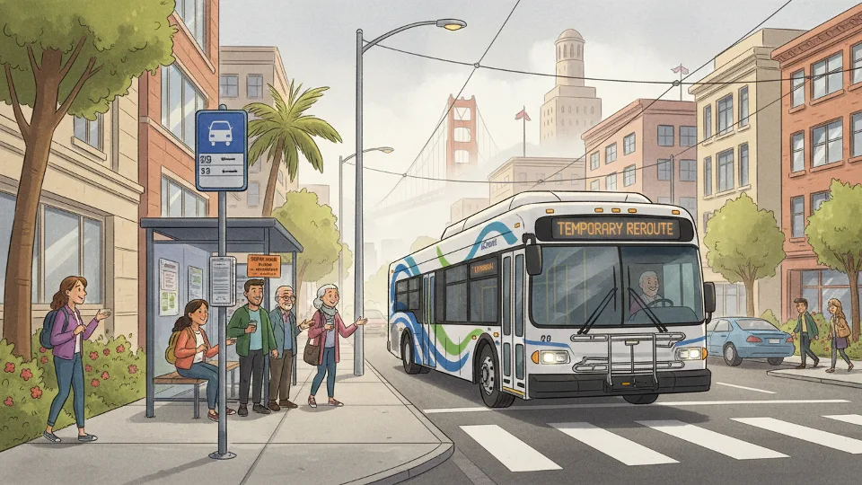 Transit bus passing by bus stop without stopping, urban street scene showing service modification in progress