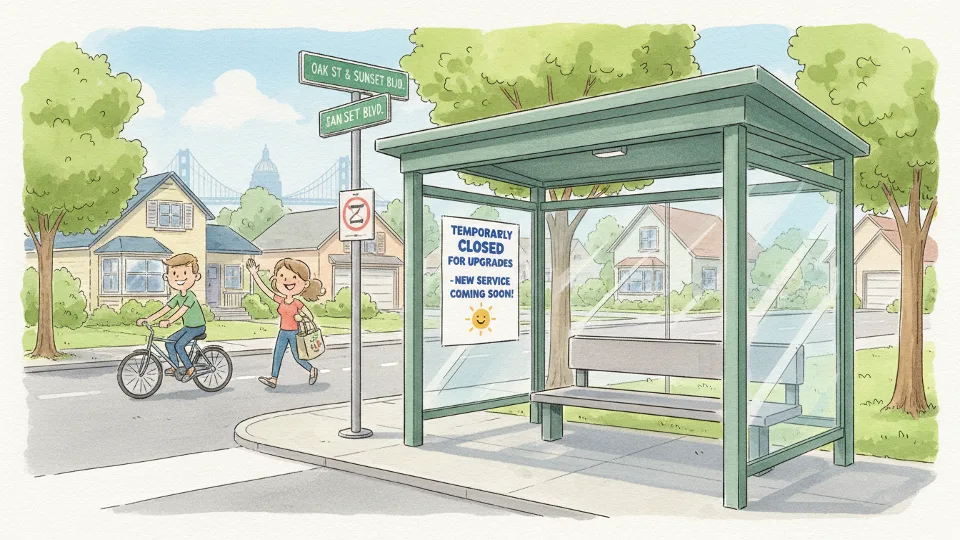 Empty bus stop with closed sign, residential neighborhood setting, bus shelter and bench visible, suburban street scene