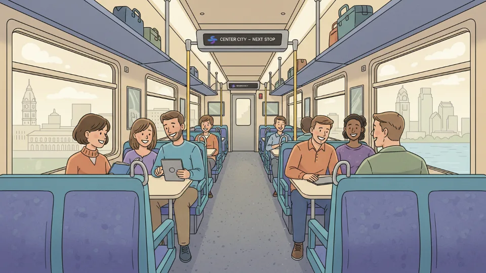 Interior view of SEPTA Regional Rail train car showing seating and passenger area