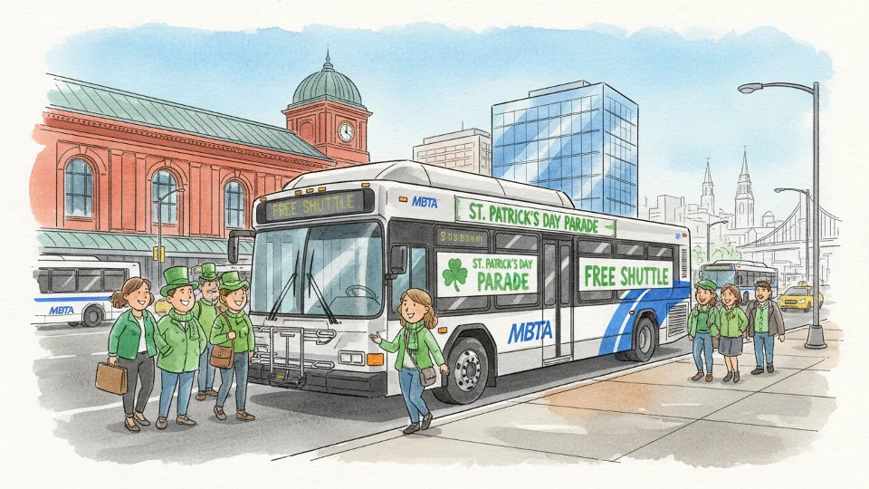 Free MBTA shuttle bus at South Station with St. Patrick's Day parade signage and waiting passengers