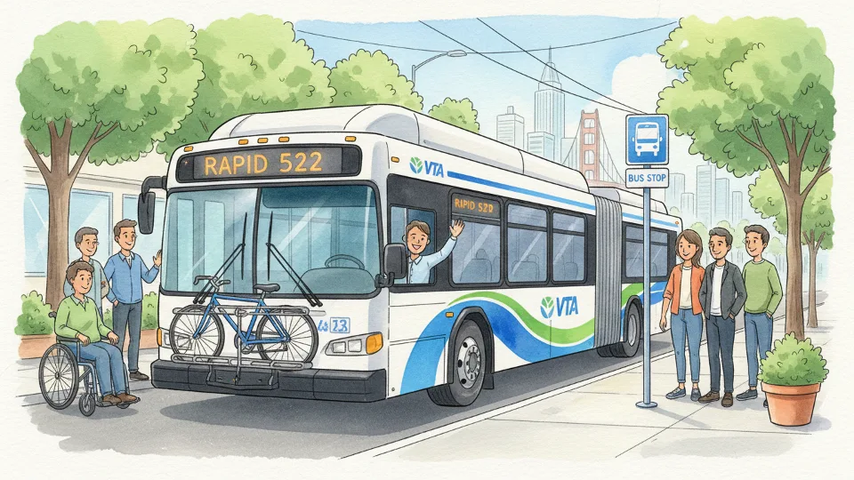 Transit bus approaching bus stop with route number display visible