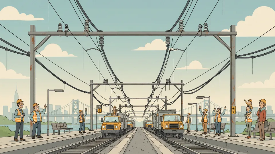Overhead catenary wire system above railroad tracks with maintenance equipment