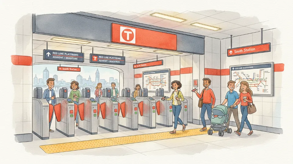 MBTA station entrance in South Boston with directional signage and fare gates