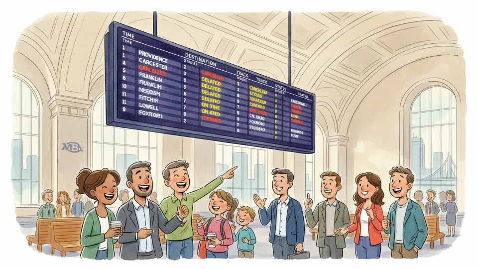 South Station commuter rail departure board showing multiple train cancellations and delays