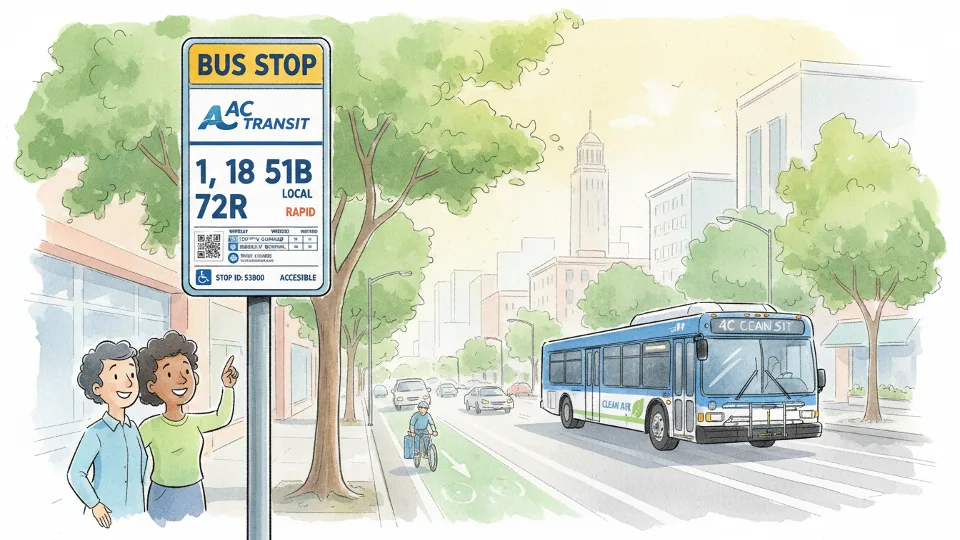 AC Transit bus stop sign with route information and BART connection details