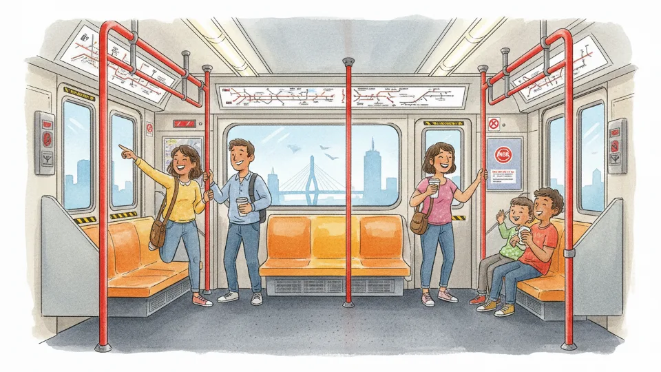 MBTA Red Line subway car interior with safety signage and passenger seating