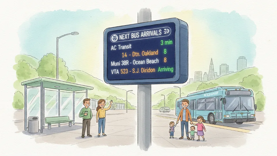 Transit information display screen showing real-time bus arrival predictions at Bay Area transit station