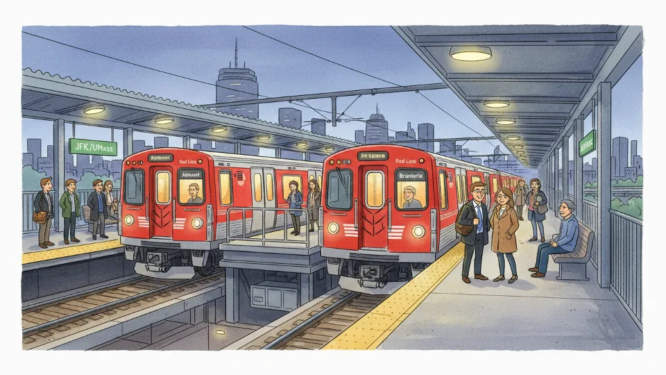 MBTA Red Line train at JFK/UMass station platform during evening hours with passengers waiting