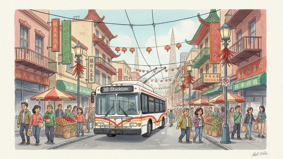 Muni bus traveling through San Francisco's Chinatown district on Stockton Street