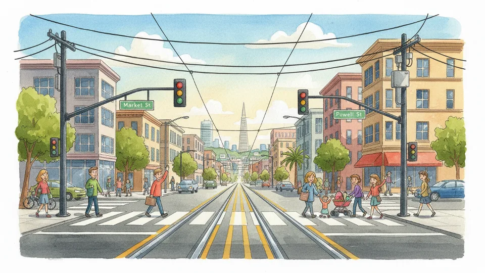 San Francisco Muni light rail tracks at street intersection with overhead catenary system and urban streetscape