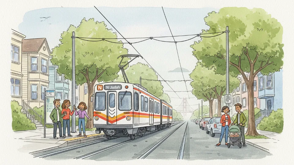 N Judah light rail train at street-level stop in San Francisco's Inner Sunset neighborhood with overhead wires visible