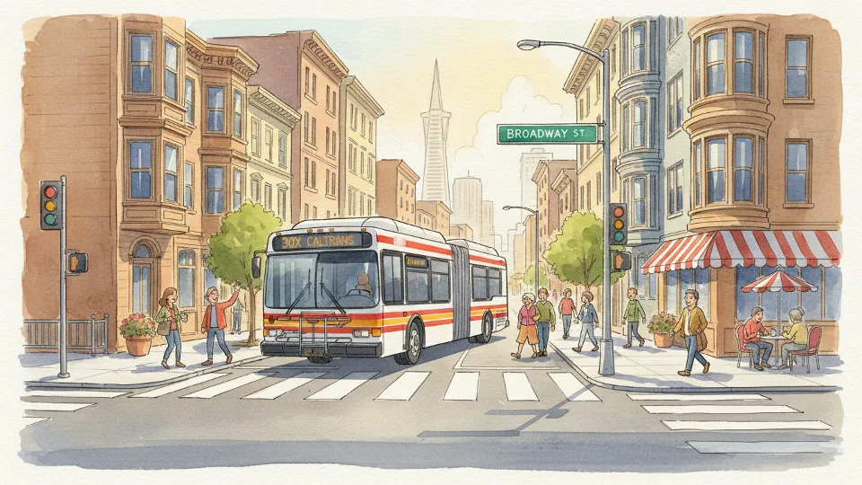 Downtown San Francisco street scene showing bus approaching intersection, urban transit environment, Broadway corridor, afternoon lighting