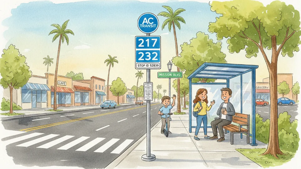 Bus stop sign on Mission Boulevard in Union City showing route number and stop identification, clear view of street signage and surrounding area