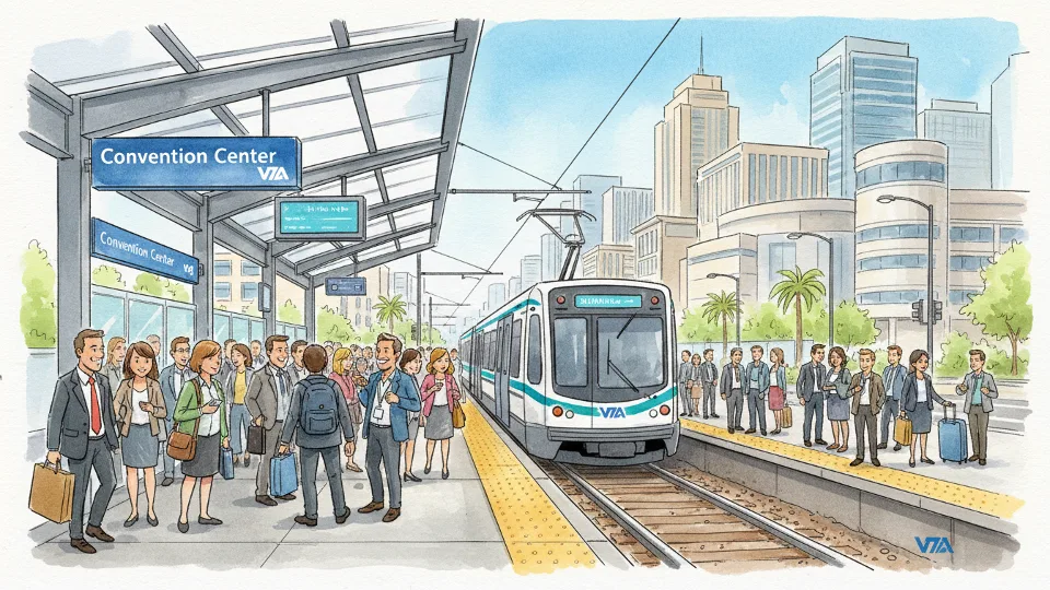 Crowded light rail platform at Convention Center Station in downtown San Jose during peak hours