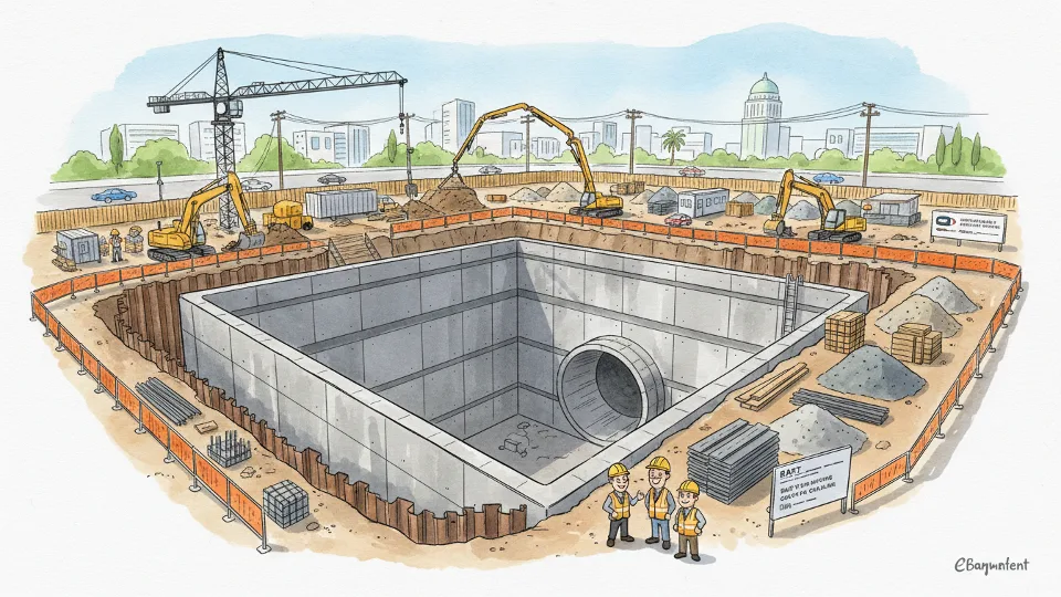Tunnel boring machine launch structure under construction at BART West Portal site in Santa Clara