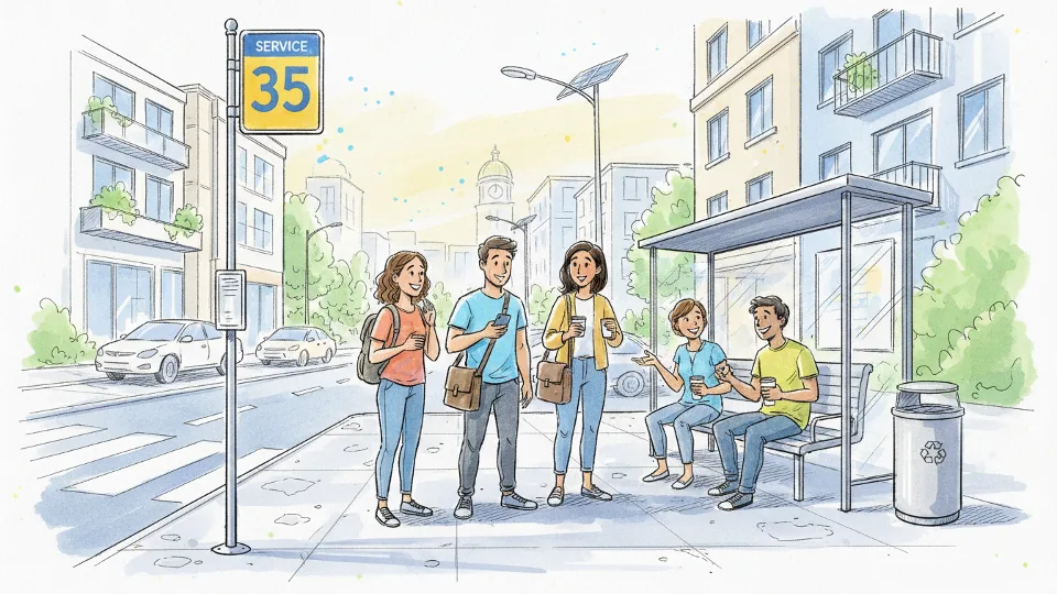 Bus stop sign showing Service 35 route number with passengers waiting on urban street