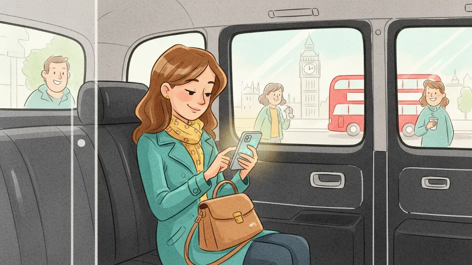 Passenger checking smartphone inside London taxi or private hire vehicle, representing common lost property scenario