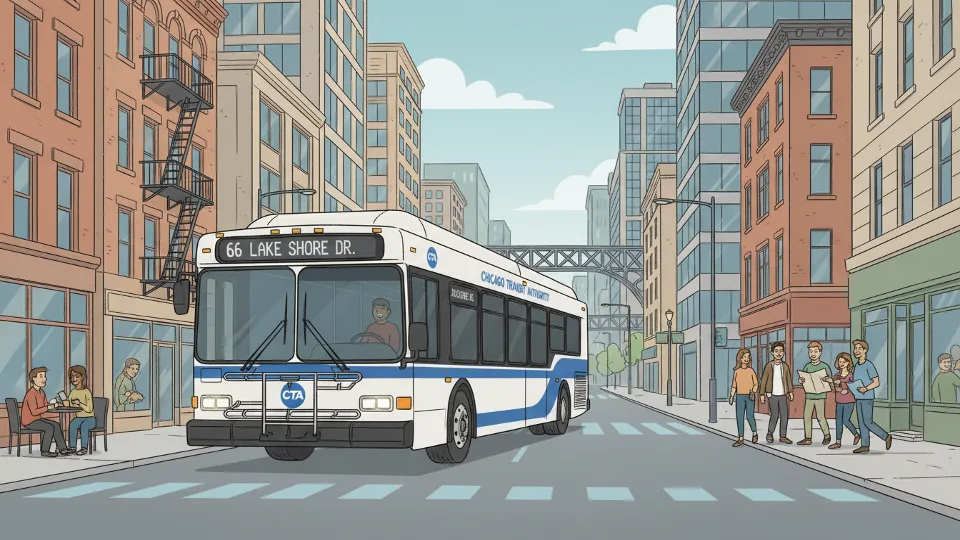 CTA bus on Chicago street with urban buildings in background