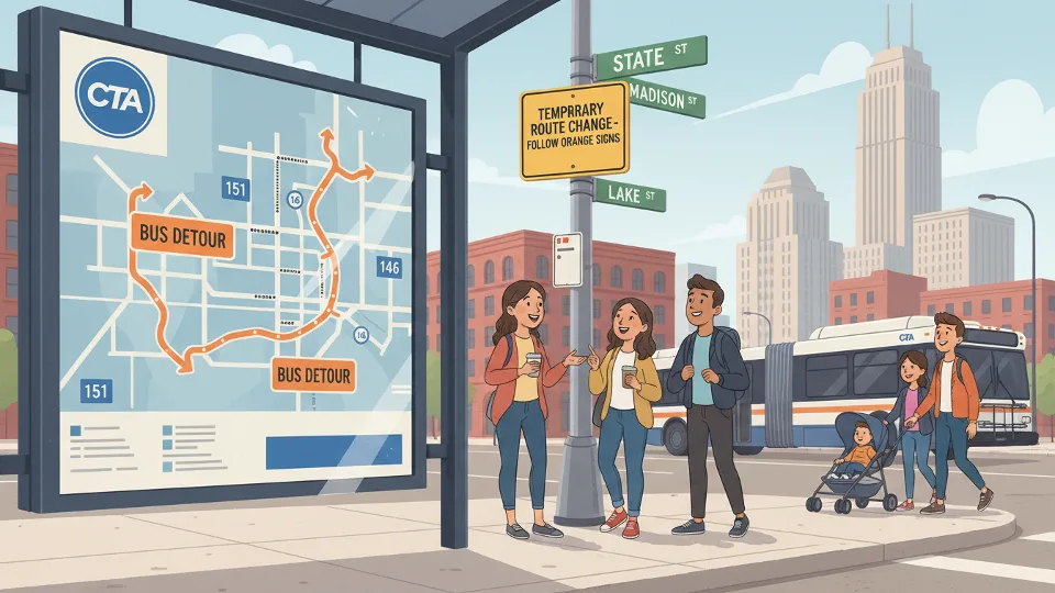 CTA route map showing bus detour with street signs visible