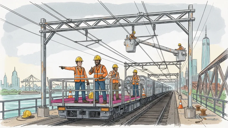 Amtrak maintenance crew working on overhead wire infrastructure at rail bridge