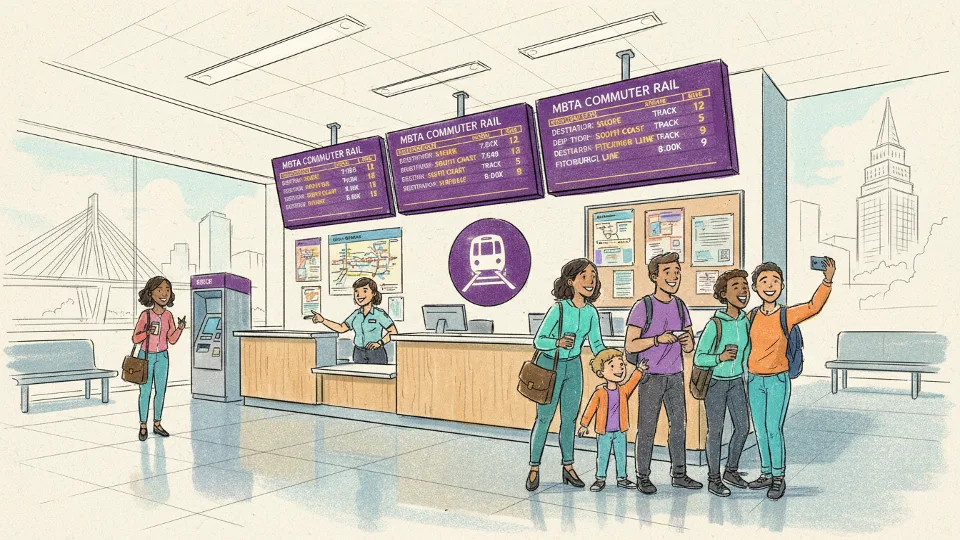 Commuter Rail passenger information desk with schedule displays and service counter