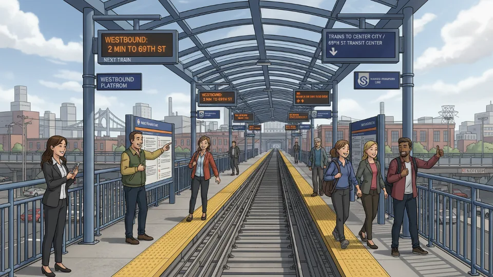 Frankford Transit Center westbound platform with waiting passengers and schedule display