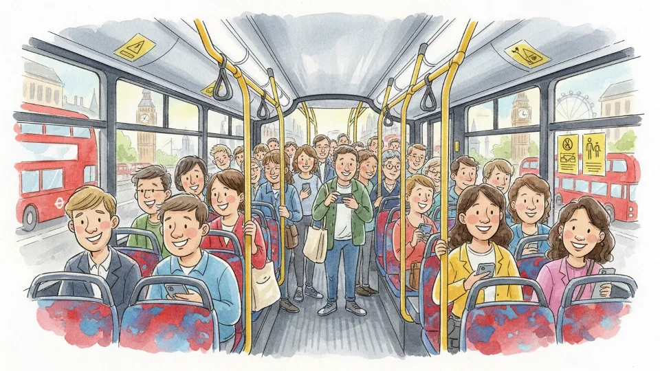 Interior of crowded London bus showing standing passengers and limited space near doorway