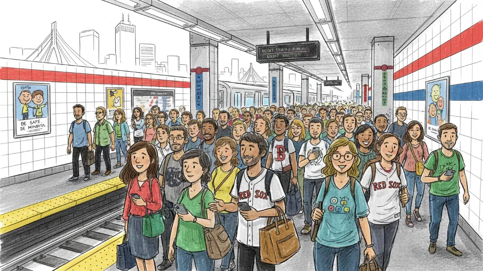 Crowded MBTA subway platform with passengers waiting for train during special event