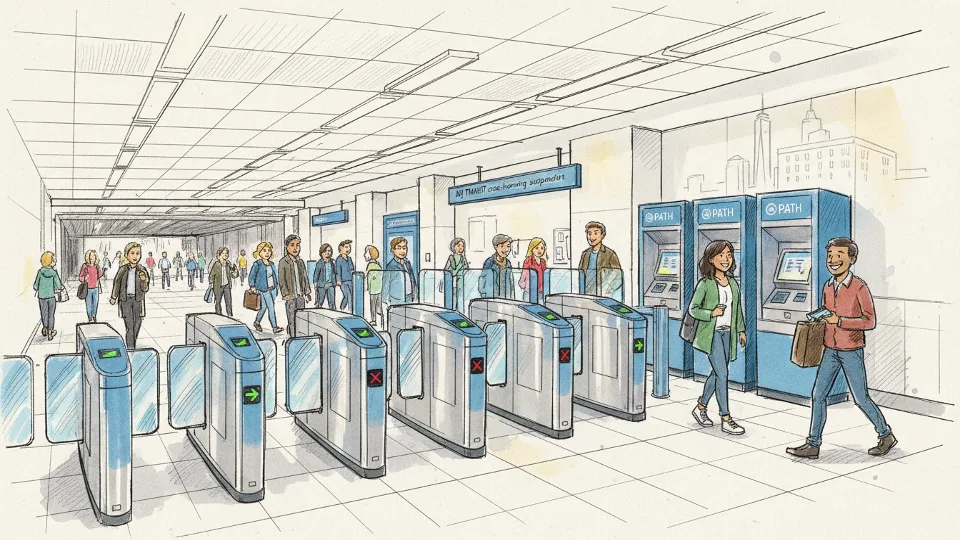 Fare gates and ticket machines at PATH station entrance. Alt text: PATH station fare gates ticket machines NJ TRANSIT cross-honoring suspension. Composition: Close-up of fare collection area showing PATH ticket vending machines and turnstiles with commuters in background.