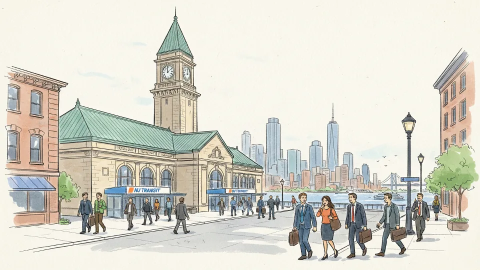 Hoboken Terminal exterior with NJ Transit signage and commuters entering station