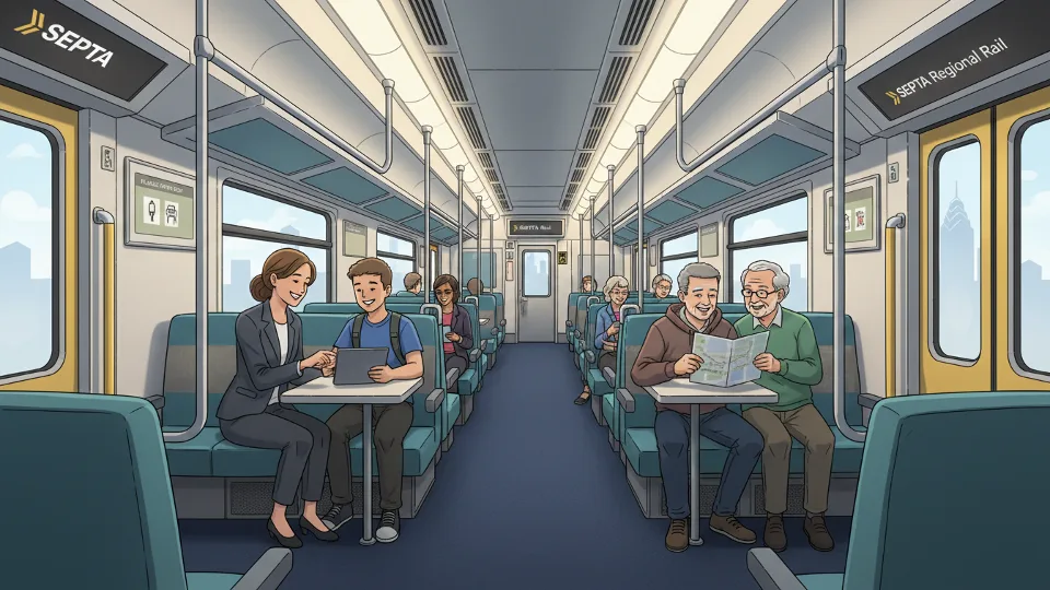 Interior view of SEPTA Regional Rail train car with passengers seated