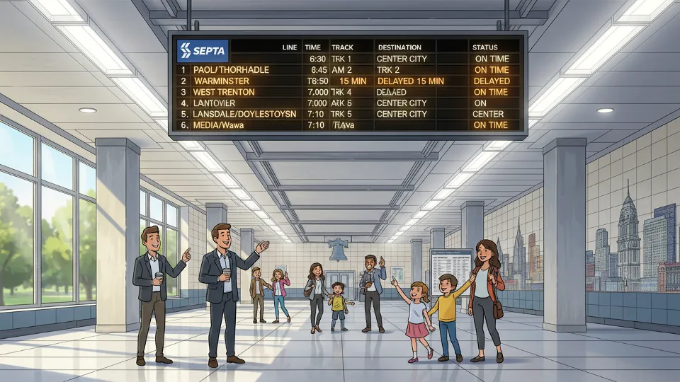 SEPTA Regional Rail departure board showing delay information at station