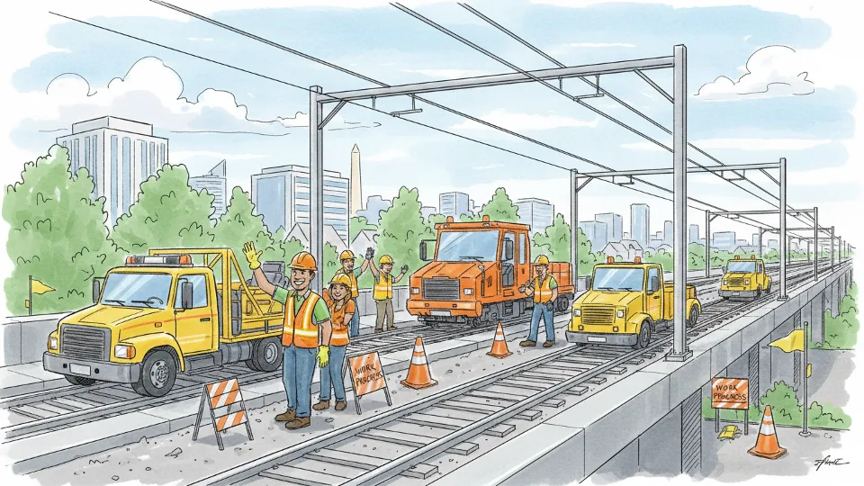 Metro track maintenance equipment and workers on Silver Line rail corridor