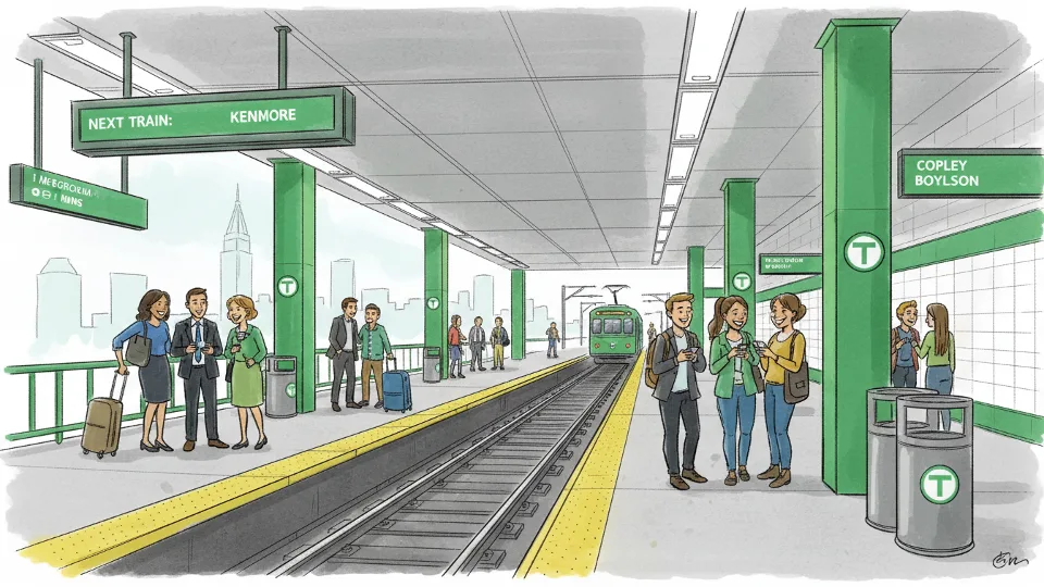 MBTA station platform with Green Line signage and waiting passengers