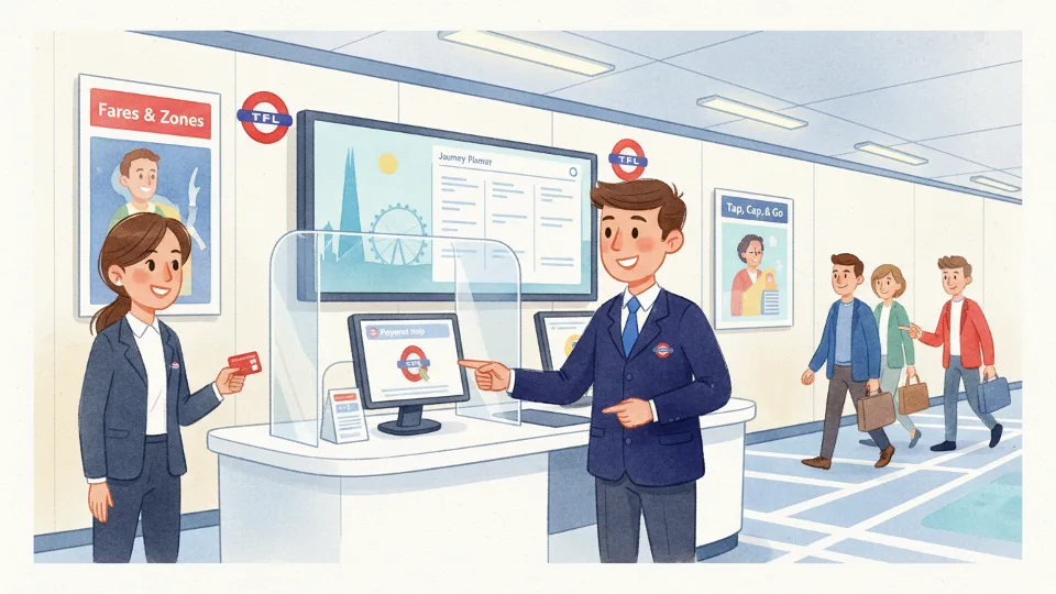 TfL customer service representative assisting passenger with payment inquiry at station help desk