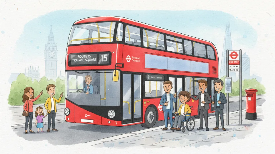 London bus at stop with TfL branding visible on vehicle exterior during daytime