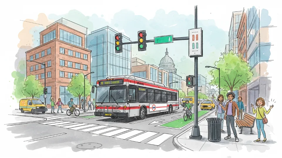 Metro bus at intersection with traffic signal, showing urban transit infrastructure and priority signal equipment